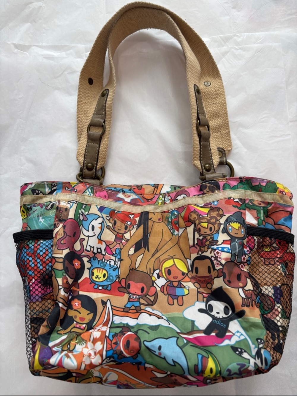 Tokidoki Print nylon Shoulder Bag with Tan Straps